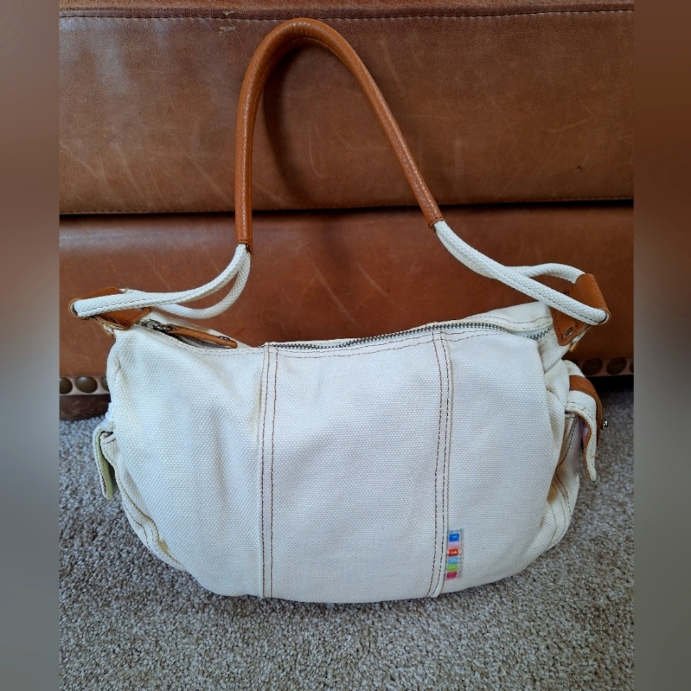 Fossil White Canvas Shoulder Bag with Brown Leather Handles